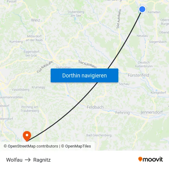 Wolfau to Ragnitz map