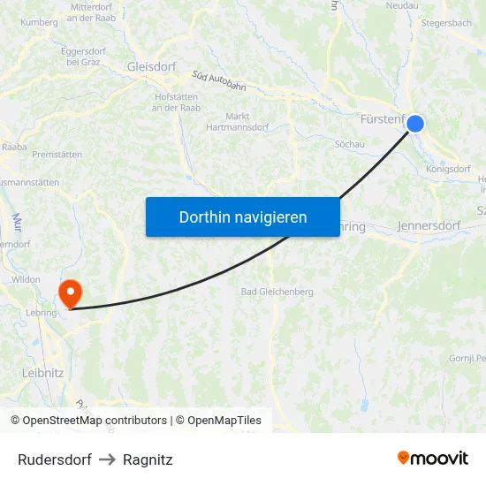 Rudersdorf to Ragnitz map