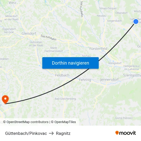 Güttenbach/Pinkovac to Ragnitz map