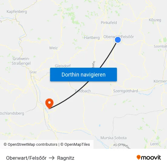 Oberwart/Felsőőr to Ragnitz map