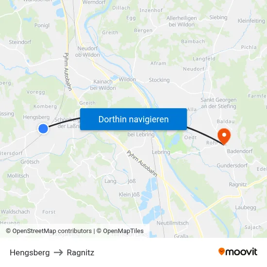Hengsberg to Ragnitz map