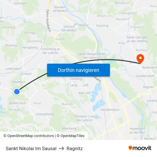 Sankt Nikolai Im Sausal to Ragnitz map