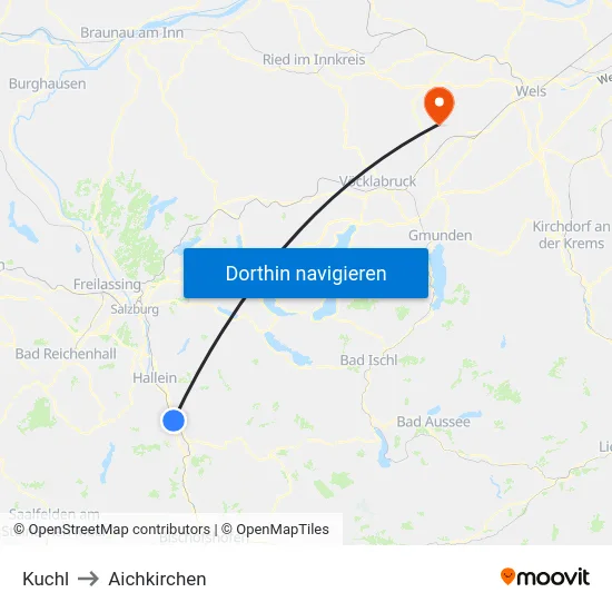 Kuchl to Aichkirchen map