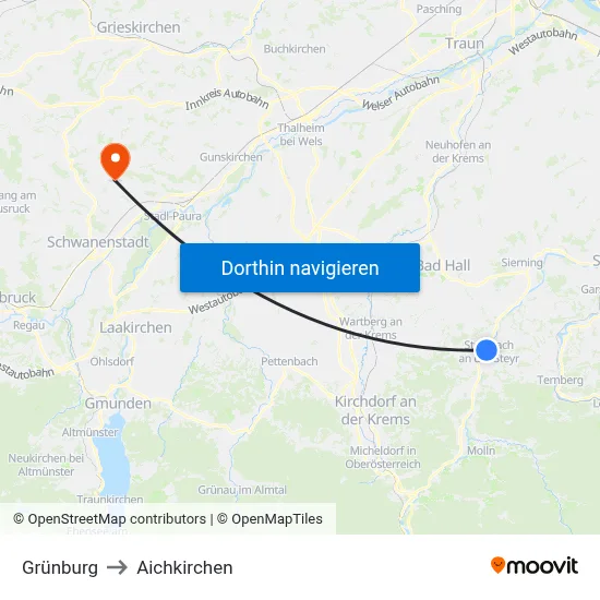 Grünburg to Aichkirchen map