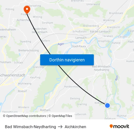 Bad Wimsbach-Neydharting to Aichkirchen map