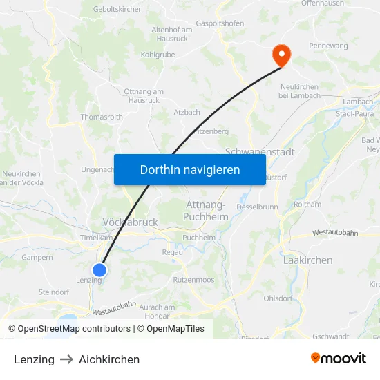 Lenzing to Aichkirchen map