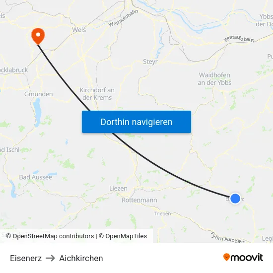 Eisenerz to Aichkirchen map