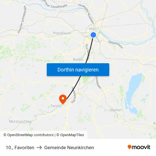 10., Favoriten to Gemeinde Neunkirchen map