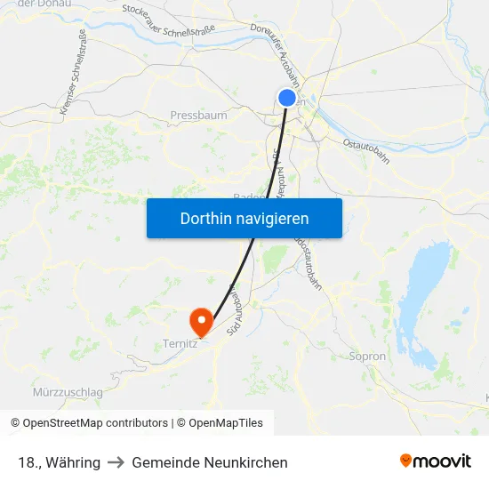 18., Währing to Gemeinde Neunkirchen map