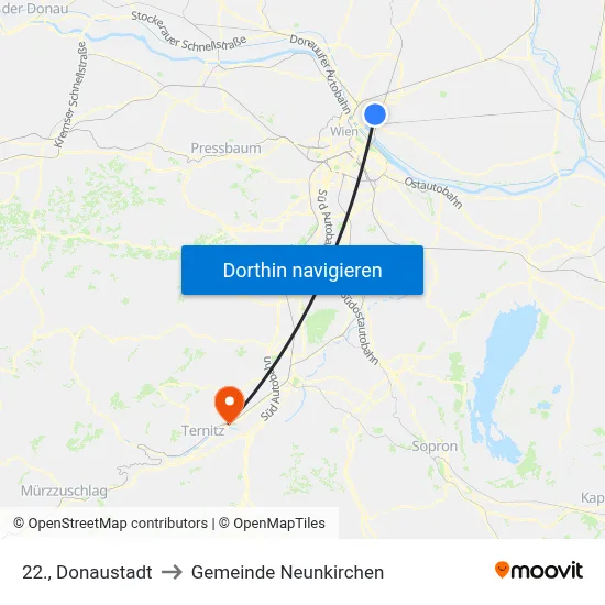 22., Donaustadt to Gemeinde Neunkirchen map