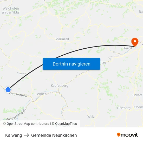 Kalwang to Gemeinde Neunkirchen map
