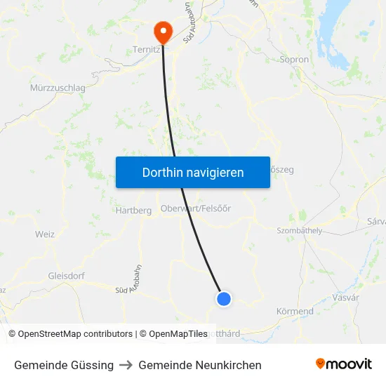 Gemeinde Güssing to Gemeinde Neunkirchen map