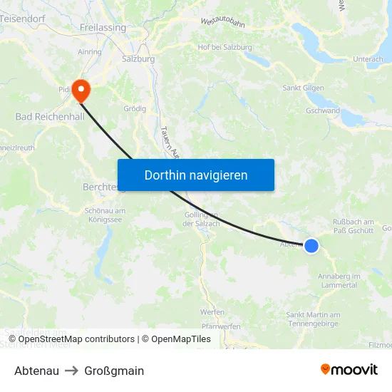 Abtenau to Großgmain map