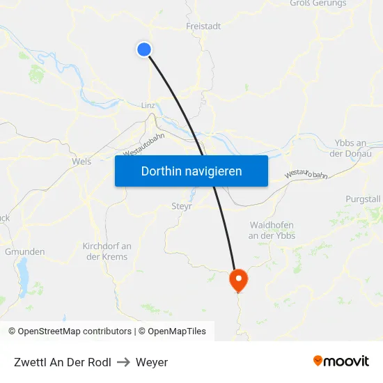 Zwettl An Der Rodl to Weyer map