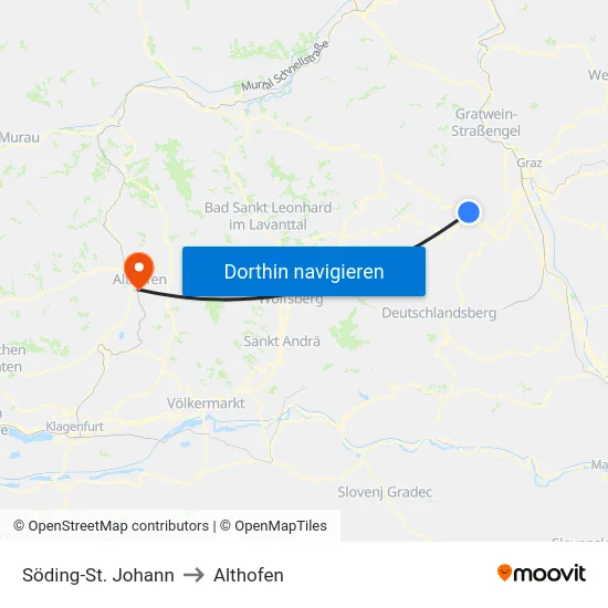Söding-St. Johann to Althofen map