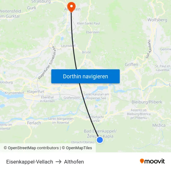 Eisenkappel-Vellach to Althofen map
