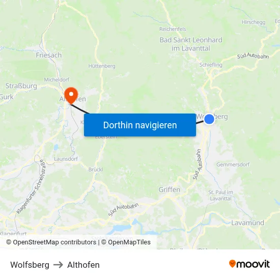 Wolfsberg to Althofen map