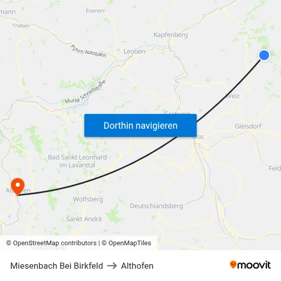 Miesenbach Bei Birkfeld to Althofen map
