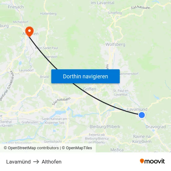 Lavamünd to Althofen map