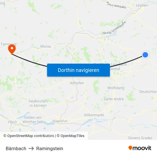 Bärnbach to Ramingstein map