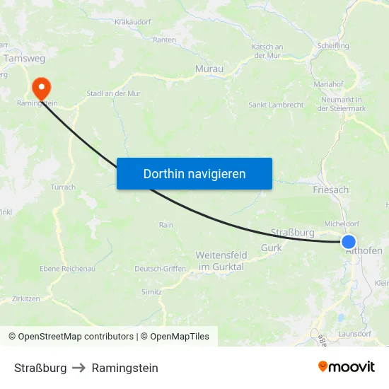 Straßburg to Ramingstein map