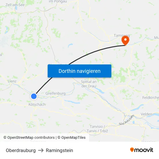 Oberdrauburg to Ramingstein map