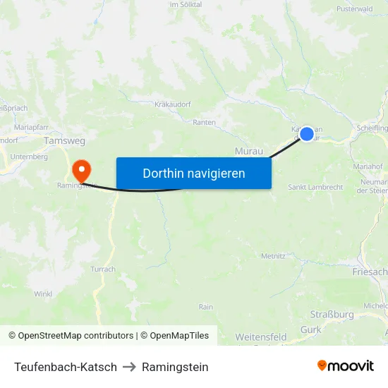 Teufenbach-Katsch to Ramingstein map