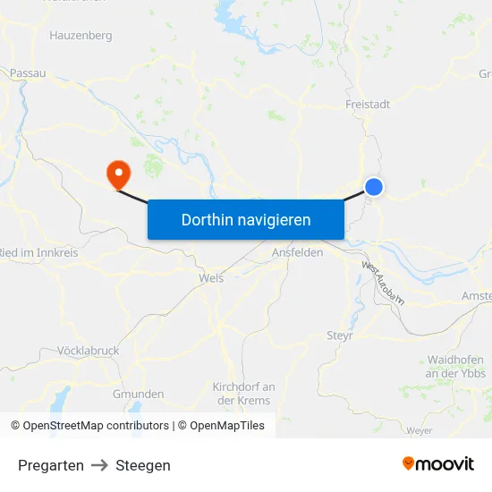 Pregarten to Steegen map
