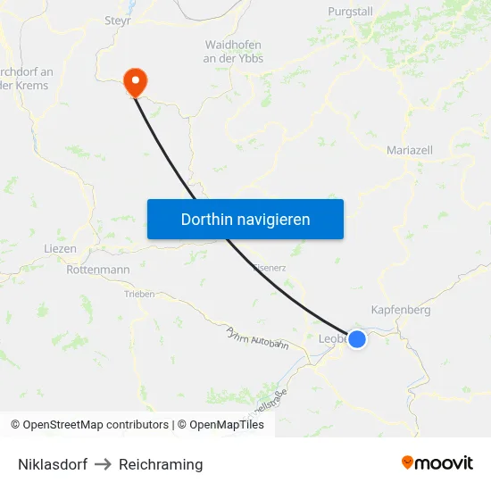 Niklasdorf to Reichraming map