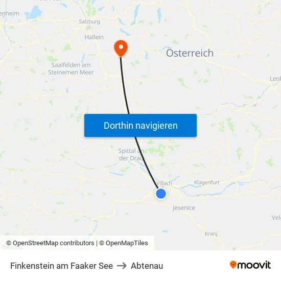 Finkenstein am Faaker See to Abtenau map