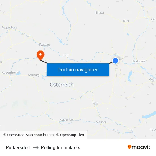 Purkersdorf to Polling Im Innkreis map