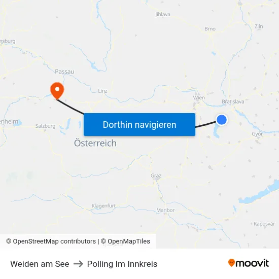 Weiden am See to Polling Im Innkreis map