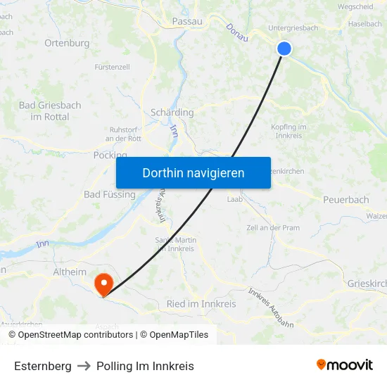 Esternberg to Polling Im Innkreis map