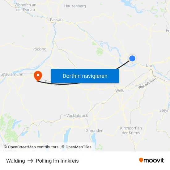 Walding to Polling Im Innkreis map