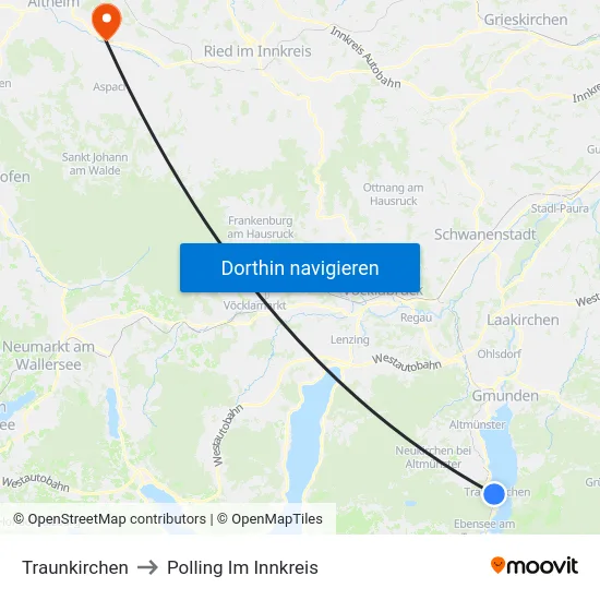 Traunkirchen to Polling Im Innkreis map