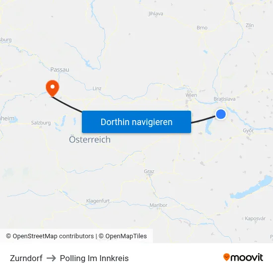 Zurndorf to Polling Im Innkreis map