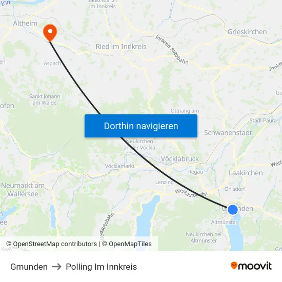 Gmunden to Polling Im Innkreis map