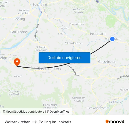 Waizenkirchen to Polling Im Innkreis map