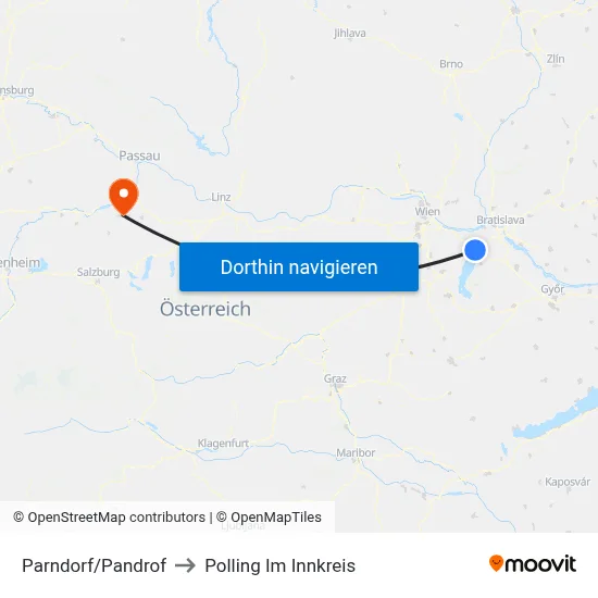 Parndorf/Pandrof to Polling Im Innkreis map