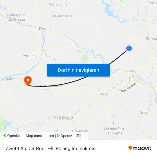 Zwettl An Der Rodl to Polling Im Innkreis map