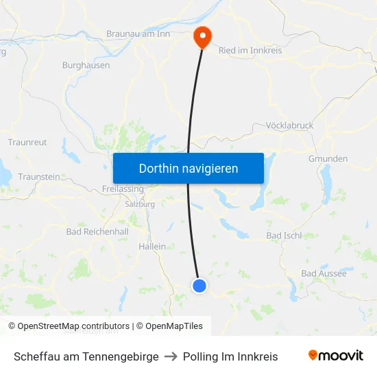 Scheffau am Tennengebirge to Polling Im Innkreis map