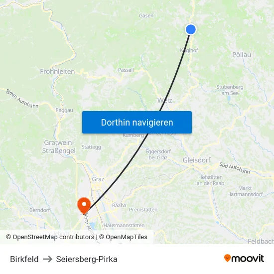 Birkfeld to Seiersberg-Pirka map