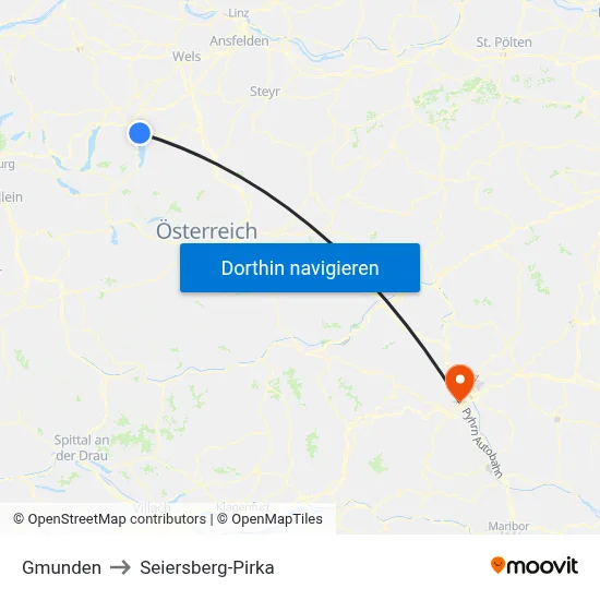 Gmunden to Seiersberg-Pirka map