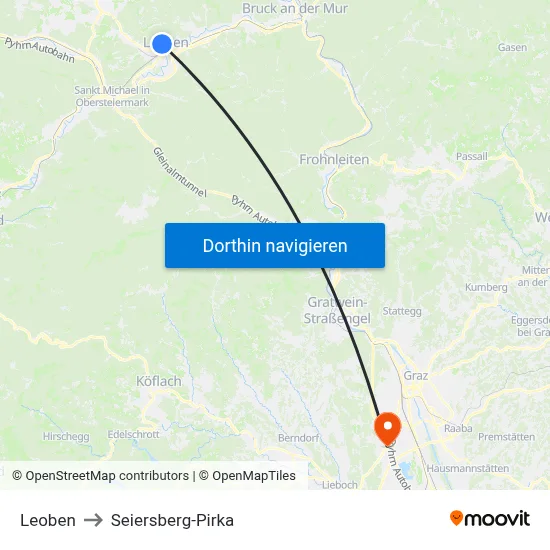 Leoben to Seiersberg-Pirka map