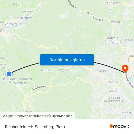 Reichenfels to Seiersberg-Pirka map