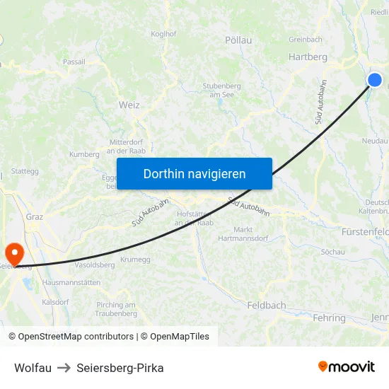 Wolfau to Seiersberg-Pirka map