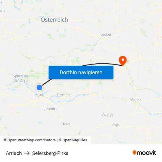 Arriach to Seiersberg-Pirka map