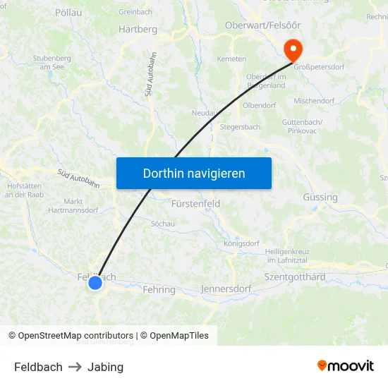 Feldbach to Jabing map