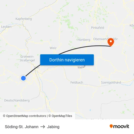 Söding-St. Johann to Jabing map