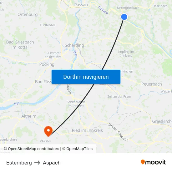 Esternberg to Aspach map